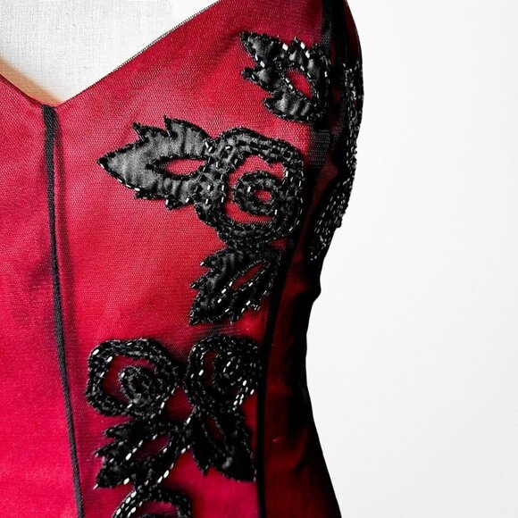 Vintage Y2K Burgundy Red Floral Beaded Embroidered Mesh Bodycon Maxi Prom Dress - Picture 8 of 9